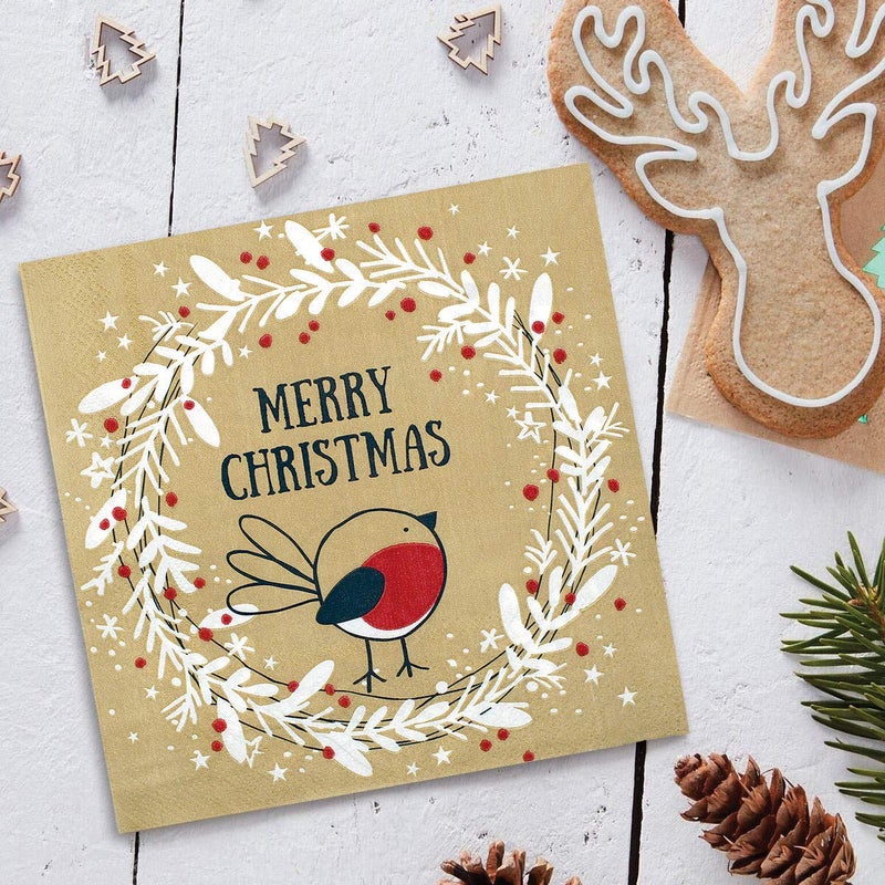 OLYPHAN Christmas Napkins Paper Cute, Festive Wreath & Bird Print/Brown Recycled Napkins Decorative Disposable Holiday Dinner, Lunch/Luncheon, Buffet Brunch Rustic Xmas Party Decor - Image 3